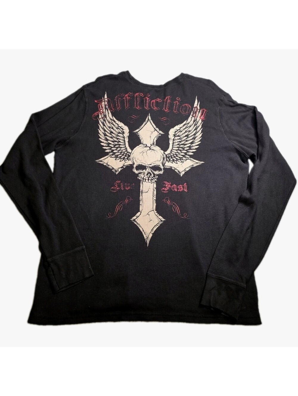 Affliction Live Fast Thermal Shirt XXL Black Winged Skull Cross Waffle Knit Y2K